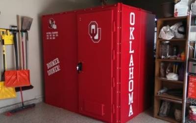 Team Colors and Graphics- OU Sooners- for your tornado shelter are available with Tornado Alley Armor safe rooms