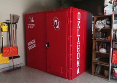 Team Colors and Graphics- OU Sooners- for your tornado shelter are available with Tornado Alley Armor safe rooms